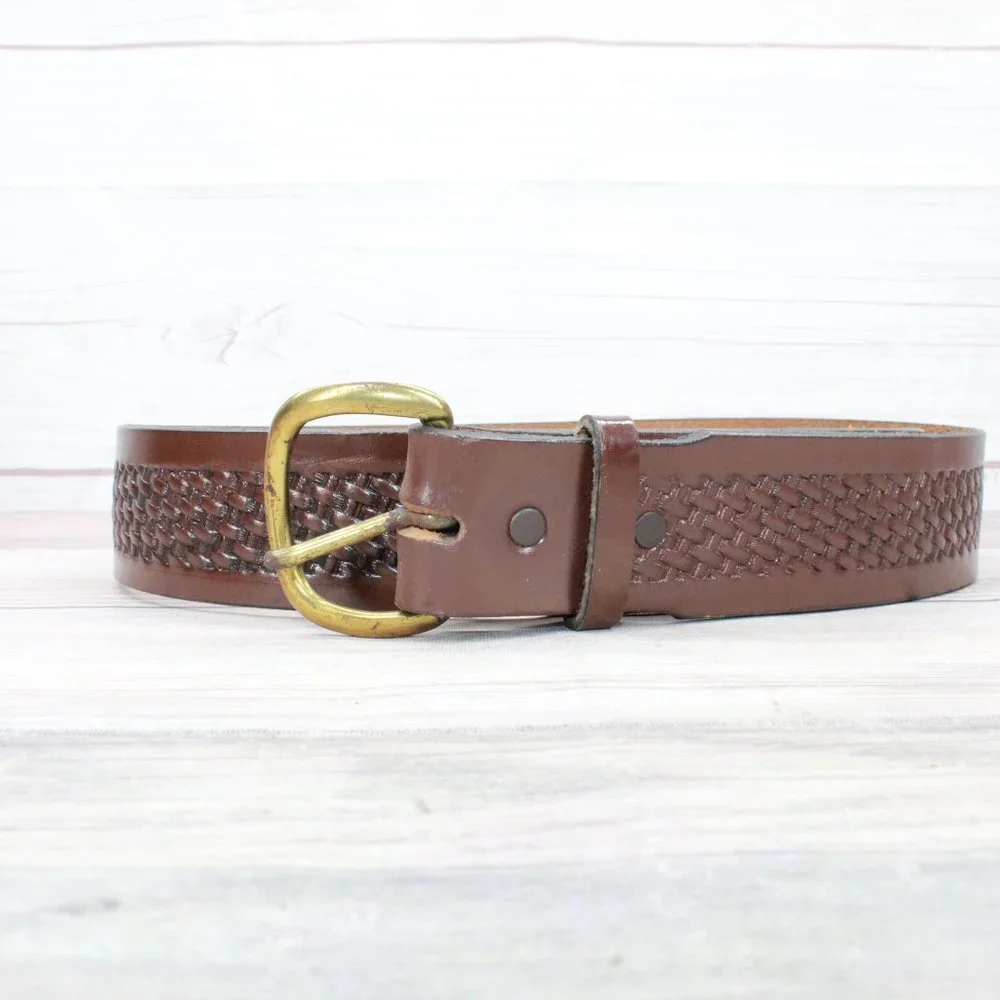 *Mens Brown Braided Design Leather D-Ring Buckle Belt Size 42 Inches - Picture 2 of 8